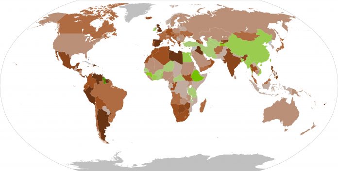 Mappa del tasso di crescita del PIL reale, previsto nel 2020, dei Paesi nel World Economic Outlook del Fondo Monetario Internazionale. Fonte Wikimedia Commons.